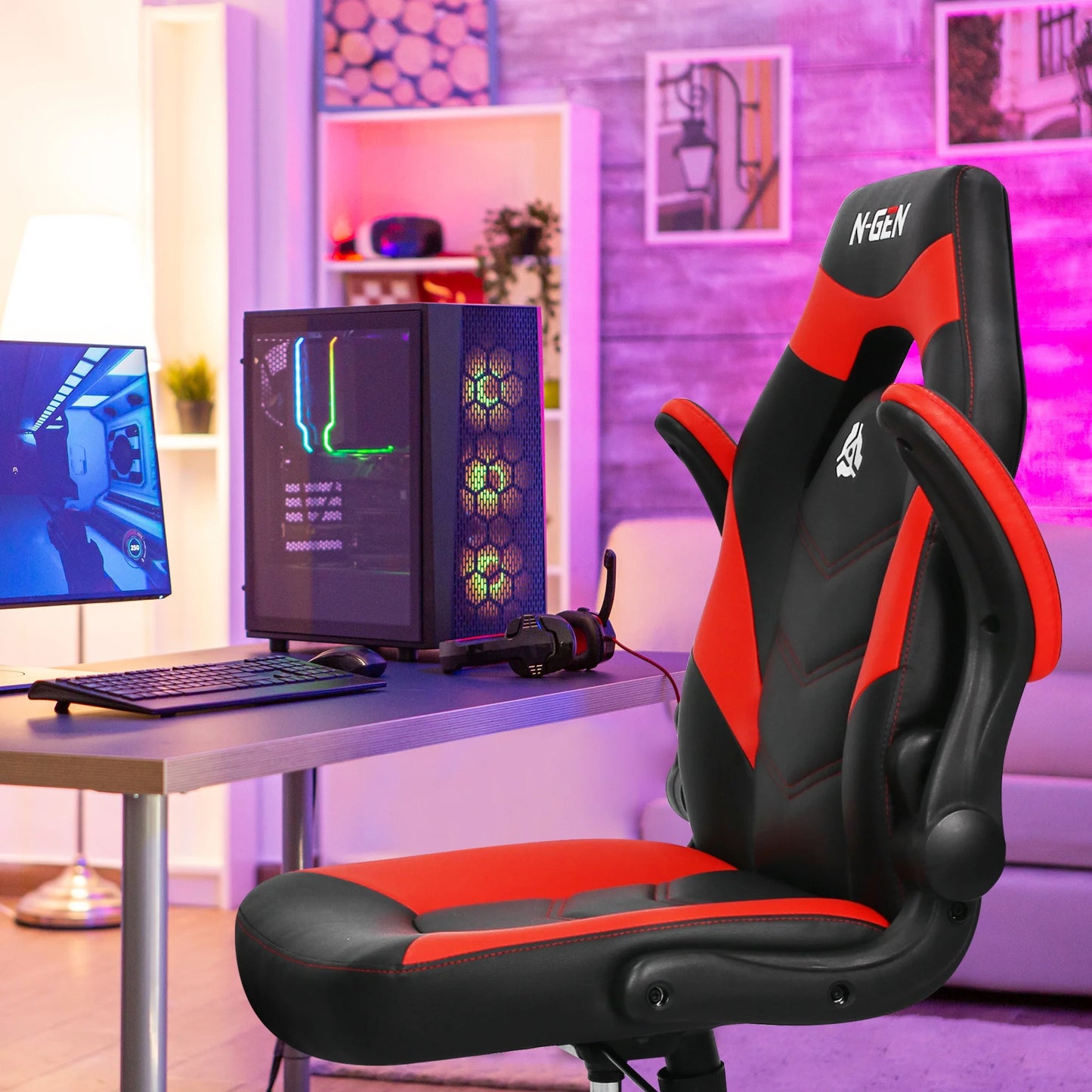 N-Gen Faux Leather Gaming Chair, Ergonomic, Red