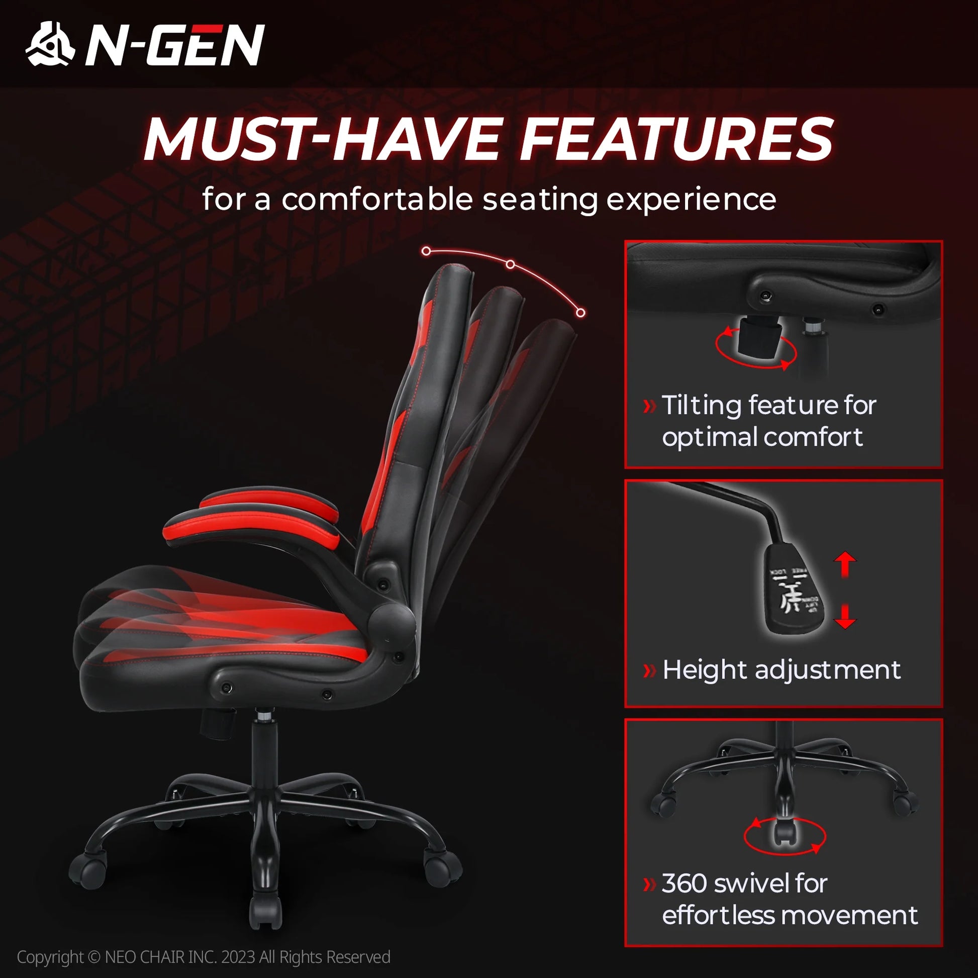 N-Gen Faux Leather Gaming Chair, Ergonomic, Red