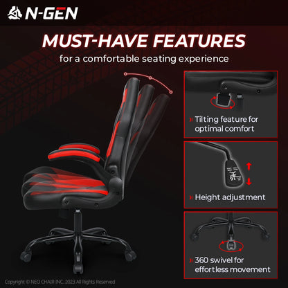 N-Gen Faux Leather Gaming Chair, Ergonomic, Red